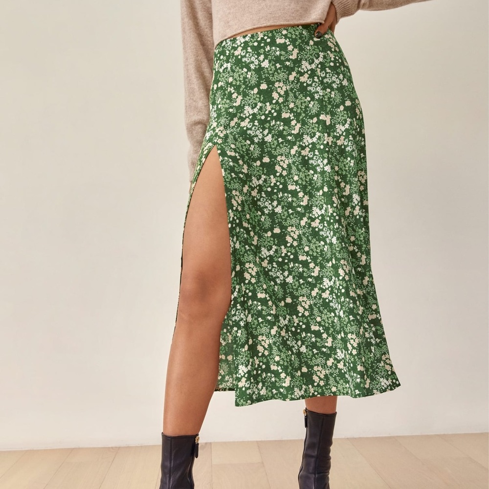 REFORMATION Green Zoe Side Slit Midi Skirt